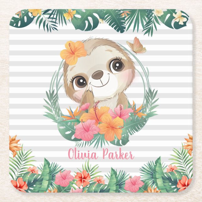 Tropical Borders Hibiscus Flowers Sloth Custom Square Paper Coaster (Front)