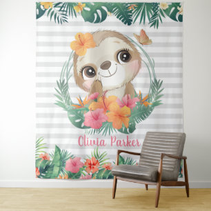 Tropical Borders Hibiscus Flowers Sloth Custom Tapestry