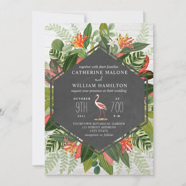 Tropical Botanical Flamingo Chalkboard Wedding Invitation (Front)