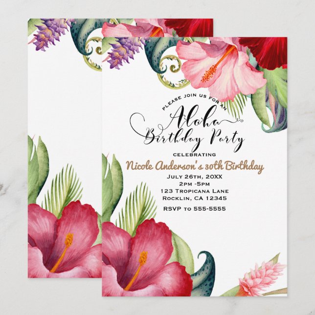 Tropical Botanical Floral Aloha Birthday Party Invitation (Front/Back)