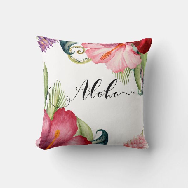 Tropical Botanical Floral Aloha Hibiscus Summer Cushion (Front)