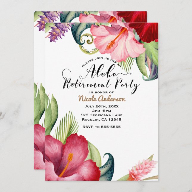 Tropical Botanical Floral Aloha Retirement Party Invitation (Front/Back)