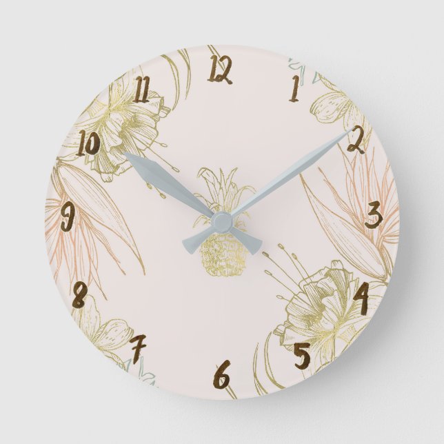 Tropical Botanical Floral Leaves Gold Pineapple Round Clock (Front)