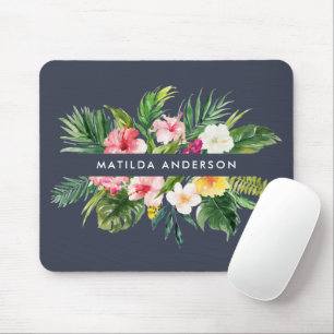 Tropical botanical floral navy blue modern foliage mouse mat