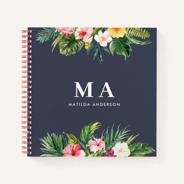 Tropical botanical floral navy blue modern foliage notebook (Front)
