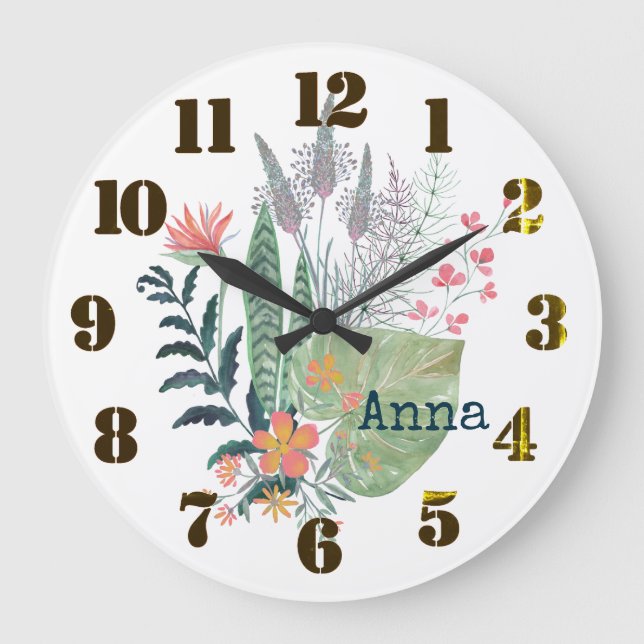 tropical Botanical floral personalised Large Clock (Front)