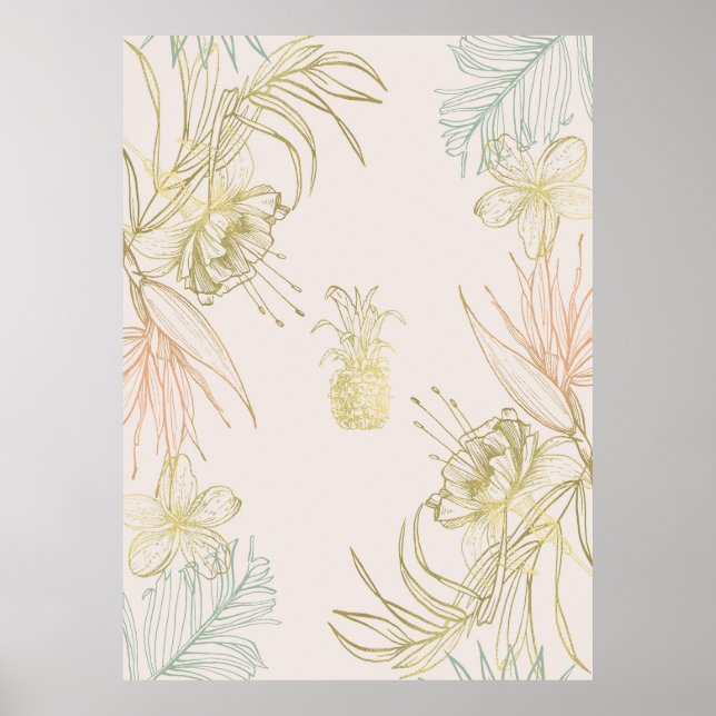 Tropical Botanical Floral Pineapple Gold Blush Poster (Front)