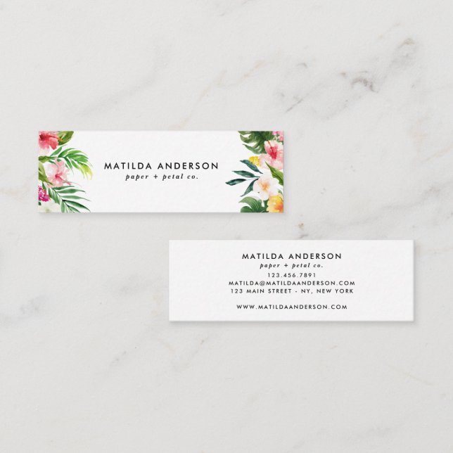 Tropical botanical floral pink modern foliage mini business card (Front/Back)
