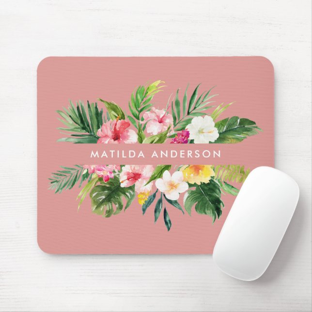 Tropical botanical floral pink modern foliage mouse mat (With Mouse)
