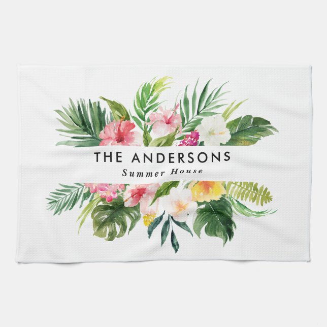 Tropical botanical floral summer vacation  kitchen tea towel (Horizontal)