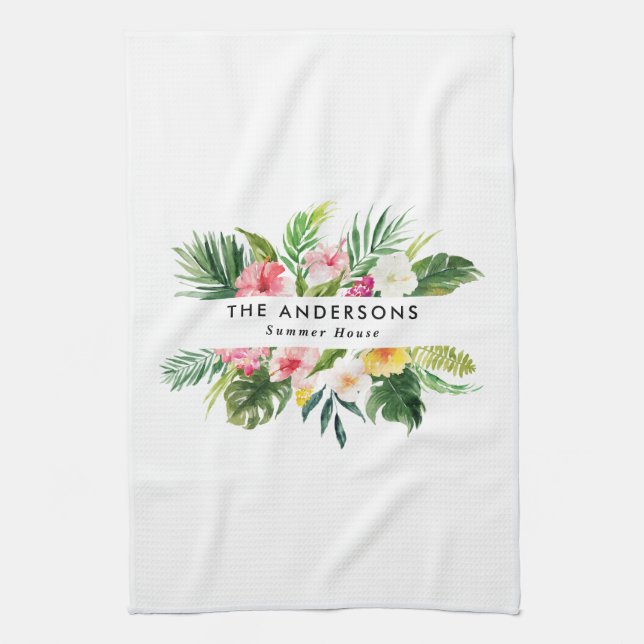 Tropical botanical floral summer vacation  tea towel (Vertical)