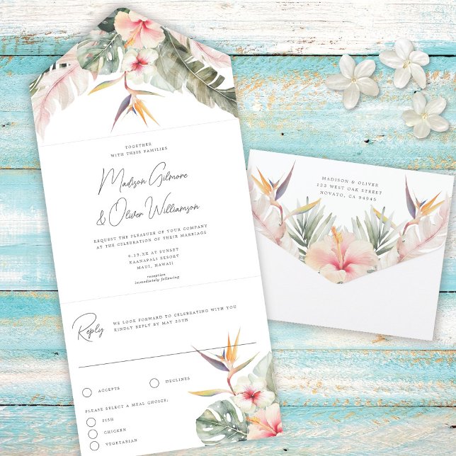Tropical Botanical Flowers Destination Wedding All In One Invitation (Creator Uploaded)