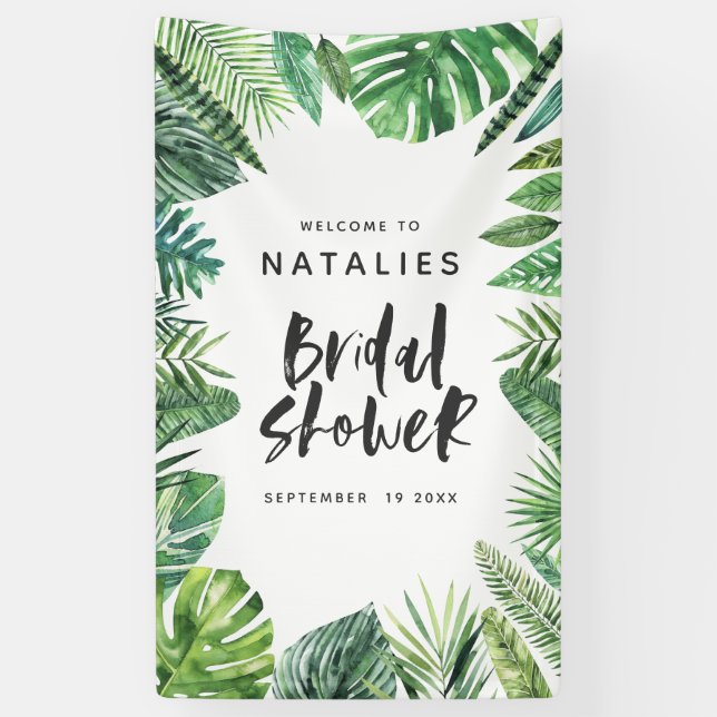 Tropical botanical foliage script bridal shower banner (Vertical)