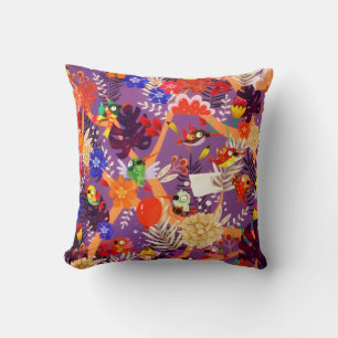 Tropical Botanical Jungle Bird Flowers Paradise Cushion