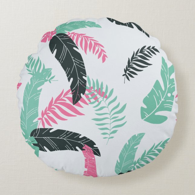 Tropical Botanical Leaf Pattern Round Cushion (Front)