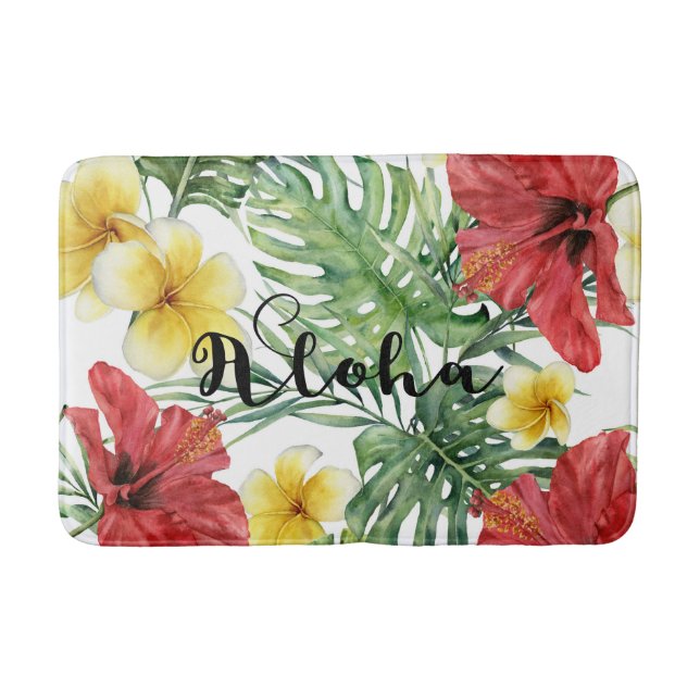Tropical Botanical Leaves & Flowers Floral Aloha Bath Mat (Front)