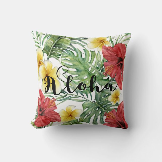 Tropical Botanical Leaves & Flowers Floral Aloha Cushion (Front)