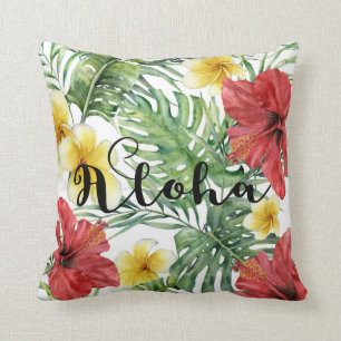 Tropical Botanical Leaves & Flowers Floral Aloha Cushion