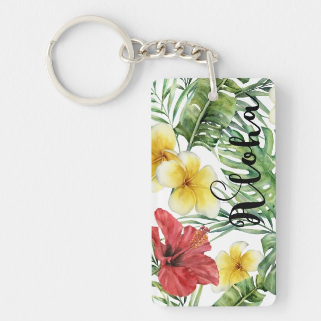 Tropical Botanical Leaves & Flowers Floral Aloha Key Ring (Front)
