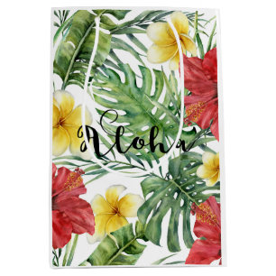 Tropical Botanical Leaves & Flowers Floral Aloha Medium Gift Bag