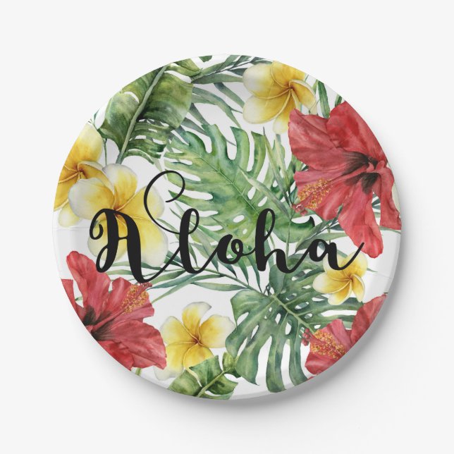 Tropical Botanical Leaves & Flowers Floral Aloha Paper Plate (Front)