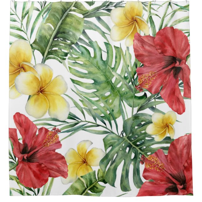 Tropical Botanical Leaves & Flowers Floral Chic Shower Curtain (Front)