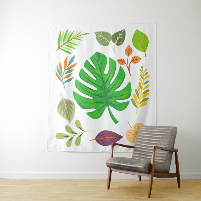 Tropical Botanical Leaves with Big Monstera Leaf Tapestry (In Situ)