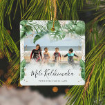 Tropical Botanical Mele Kalikimaka Christmas Photo Ceramic Ornament<br><div class="desc">Hawaiian style Christmas Ornament with lush botanical tropical watercolor greenery and faux gold accents. Featuring your favourite photograph cascaded with tropical foliage and gold florals,  the Hawaiian Christmas greeting 'Mele Kalikimaka' in elegant calligraphy script typography,  family name and the year.</div>