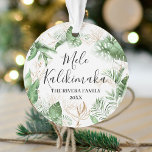 Tropical Botanical Mele Kalikimaka Christmas Photo Ornament<br><div class="desc">Love this hawaiian style christmas ornament featuring lush botanical watercolor greenery and faux gold flowers,  the Hawaiian Christmas greeting 'Mele Kalikimaka' in elegant calligraphy script typography,  your name and the year. Upload your favourite photograph on the reverse to create a keepsake gift.</div>