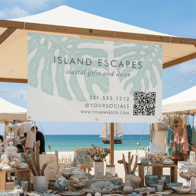 Tropical Botanical Monstera Leaf QR Code Business Banner (Creator Uploaded)