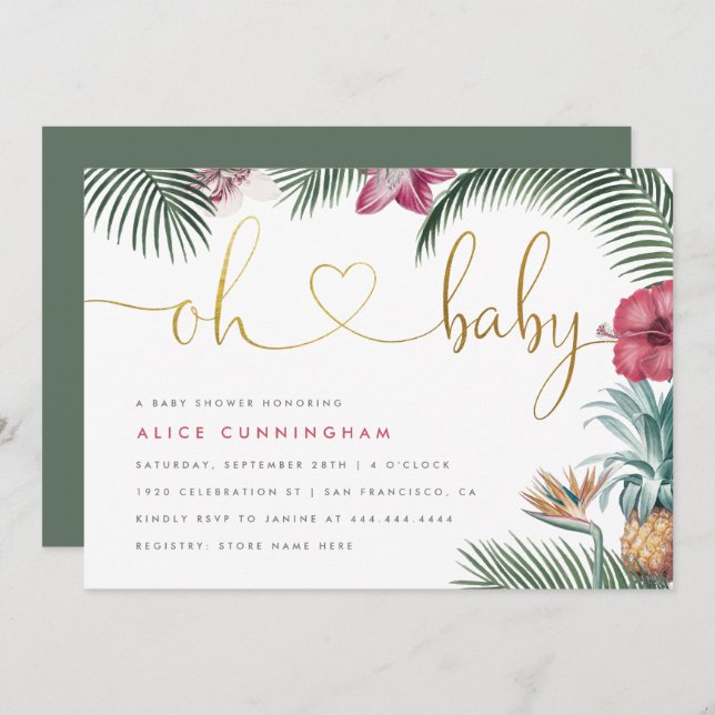 Tropical Botanical Oh Baby Gold Script Baby Shower Invitation (Front/Back)