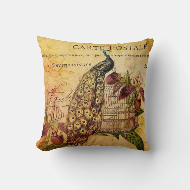 tropical botanical orchid modern vintage peacock cushion (Front)