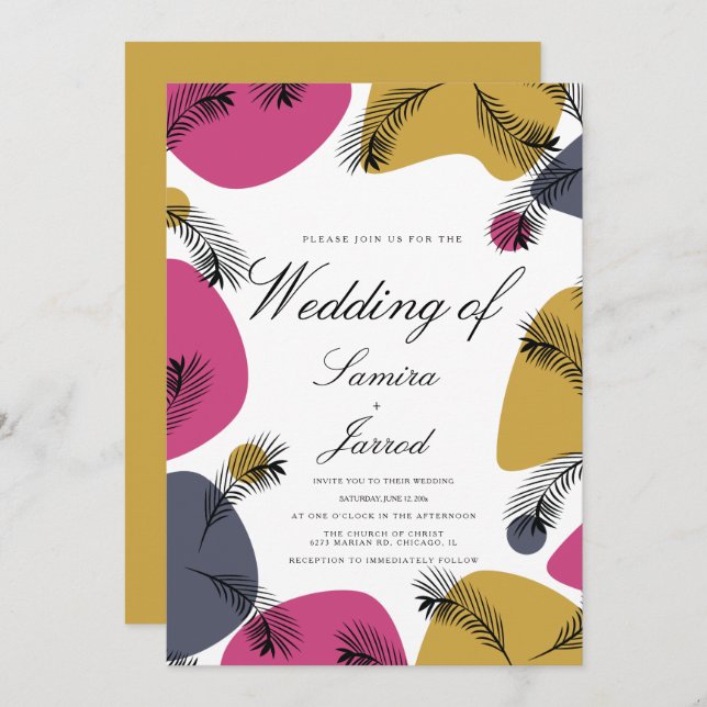 Tropical Botanical Organic Shapes Pink Wedding Invitation (Front/Back)
