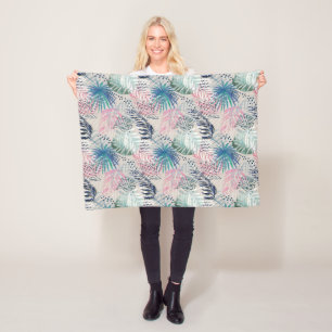 Tropical, Botanical, palm leaves, floral, grey, pi Fleece Blanket