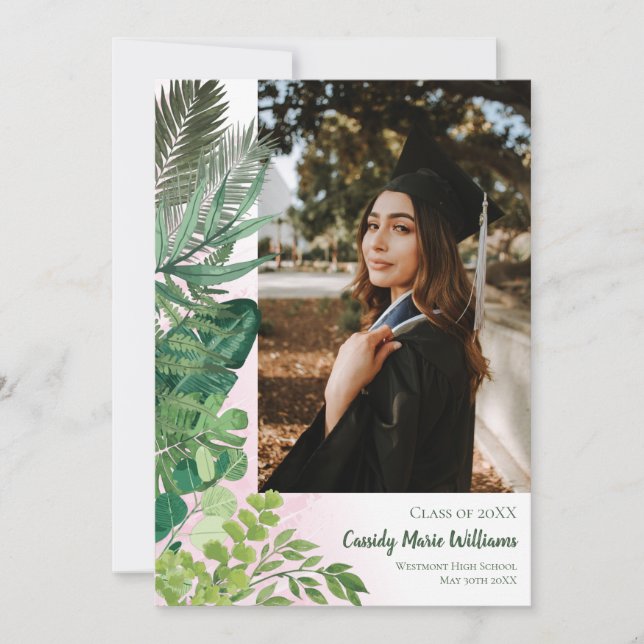 Tropical Botanical Pink Graduation Announcement (Front)