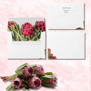 Tropical Botanical Pink Protea Flowers Wedding Envelope