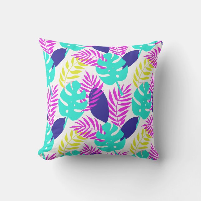 Tropical Botanical Pink Yellow Blue Turquoise Cushion (Front)