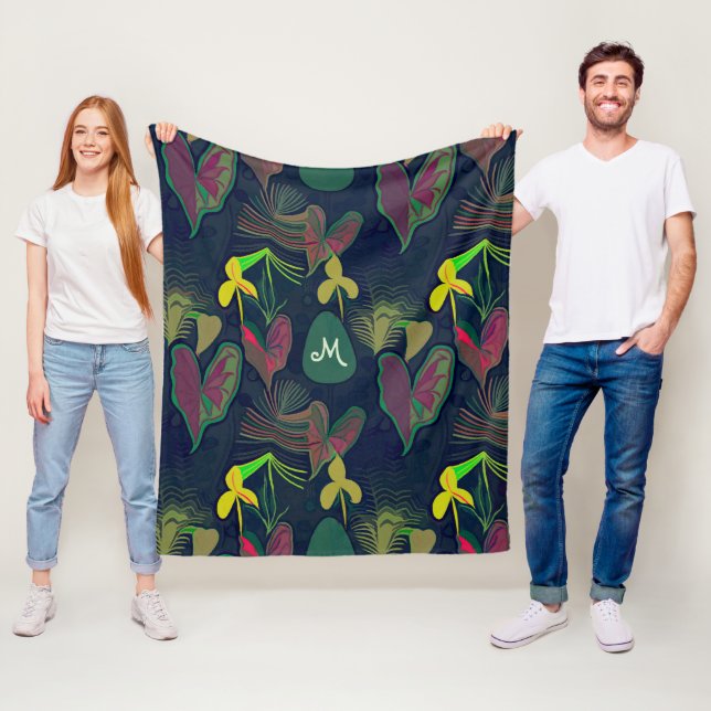 Tropical Botanical Plants Flowers Monogram Custom Fleece Blanket (In Situ)
