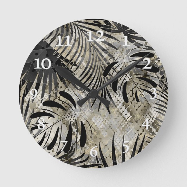 Tropical, Botanical, snake skin, leaves , palm, Round Clock (Front)