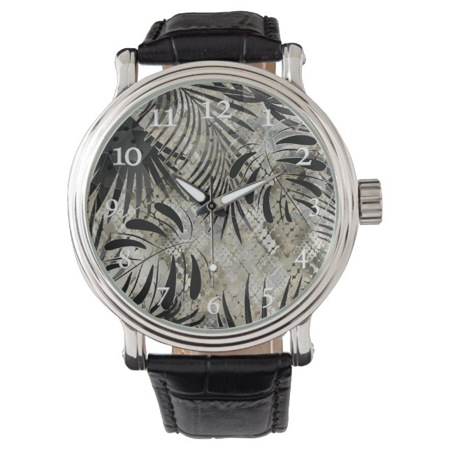Tropical, Botanical, snake skin, leaves , palm, Watch (Front)