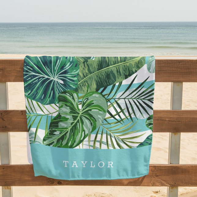 Tropical Botanical Stripe Personalised Beach Towel (Creator Uploaded)
