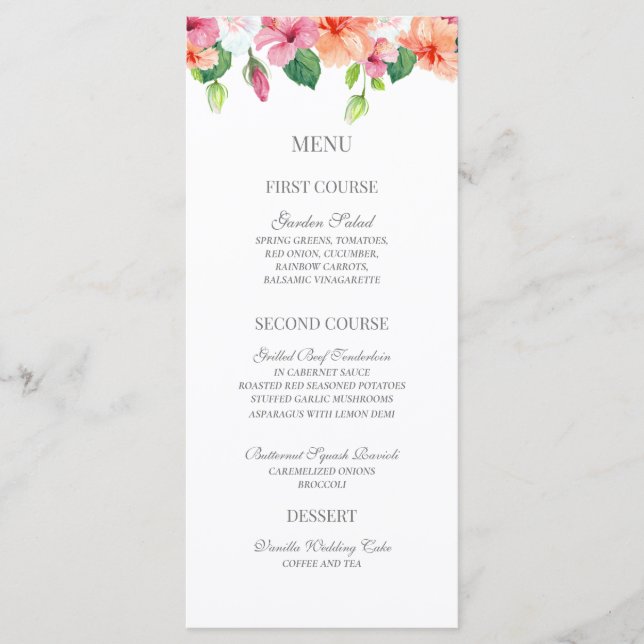 Tropical Botanical Watercolor Floral Wedding Menu (Front)