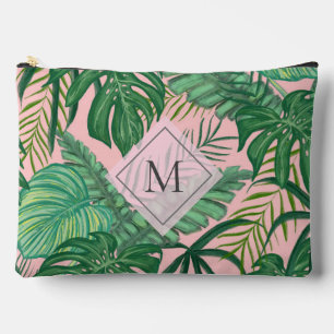 Tropical Botanical Watercolor Pink Art Monogram Accessory Pouch