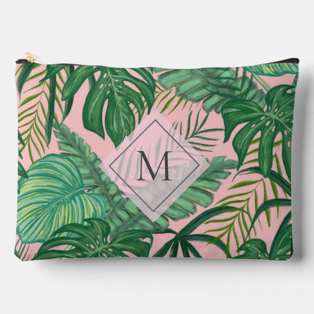 Tropical Botanical Watercolor Pink Art Monogram Accessory Pouch (Front)