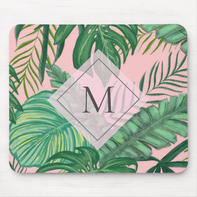 Tropical Botanical Watercolor Pink Art Monogram Mouse Mat (Front)