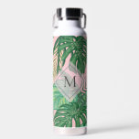 Tropical Botanical Watercolor Pink Art Monogram Water Bottle<br><div class="desc">Elegant monogrammed bottle with botanical green and pink watercolor art.</div>