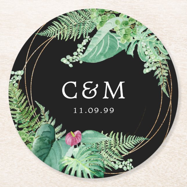 Tropical Botanical Wedding Monogram and Date Round Paper Coaster (Front)