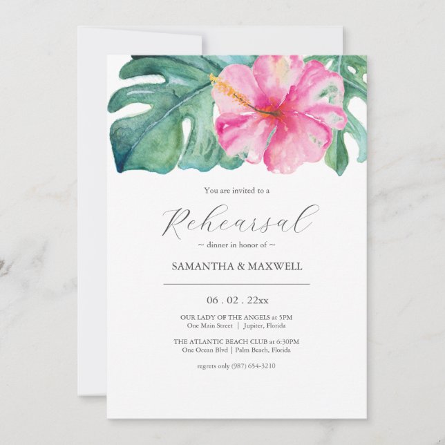 Tropical Botanical Wedding Rehearsal Dinner Invitation (Front)