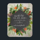 Tropical Botanical White Brick Wedding Magnet<br><div class="desc">A wedding save the date magnet featuring a tropical botanical design with a chalkboard geometric design over a white brick background.</div>