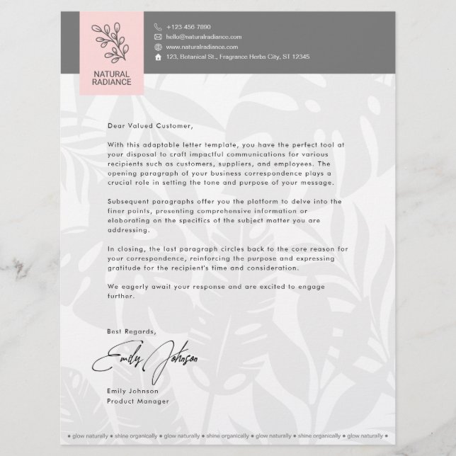 Tropical Botanicals Pink Fashion Beauty Business Custom Letterhead (Front)